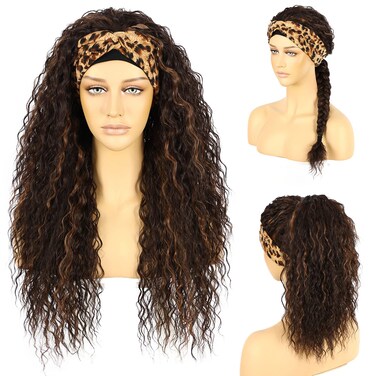 Headband Wigs for Black Women Natural Hairline Synthetic Brown Loose Curly None Lace Front Wigs for Black Women Glueless Machine Made Wig Wavy pre plucked Headband Wigs 26 Inch