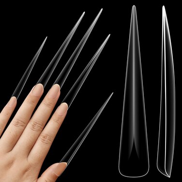 Extra Super Extreme Long Stiletto Nail Tips, 5XL XXXXXL Clear Full Cover French Tips False Fake Nail Extension, Sharp Fishbone Arrow Head Nails for Professional Acrylic 120 pcs 12 Size