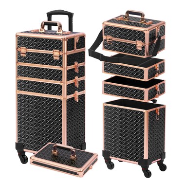 Rolling Makeup Case, Makeup Train Case with Lid, 5 in 1 Cosmetology Case on Wheels, Christmas Gift, Large Makeup Case Organizers, Profesional Cosmetic Case for Salon Barber, Black gold