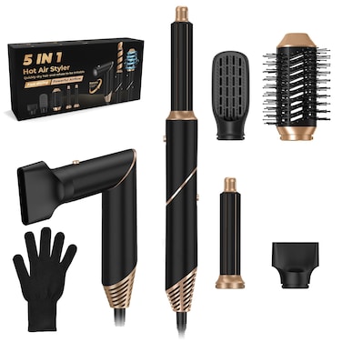 5 in 1 Multi-Styler Hair Dryer &amp; Brush Set &bull; Hot Air Brush with Detachable Styler, High Speed Negative Ion Air Curling Wrap Styler for Drying Curling Straightening for All Hairstyle (Black)