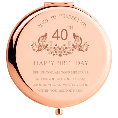 40th Birthday Gift for Mom Stainless Steel Portable Compact Makeup Mirror Behind You All Your Memories Presents with Gift Box Engraved Cosmetic Mirror for Aunt Wife Coworker Rose Gold