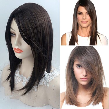 Seamless Straight Head Top Hairpiece Free Part Clip in Topper With Side Part Bangs (Black Brown)