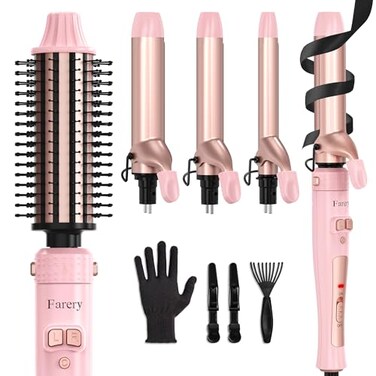 4-in-1 Interchangeable Automatic Rotating Curling Iron &amp; Thermal Brush Set, 0.75''/1''/1.25'' Curling Iron &amp; 1.5'' Heating Round Curling Brush, ONE Heat 410&deg;F, Pink