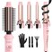 4-in-1 Interchangeable Automatic Rotating Curling Iron &amp; Thermal Brush Set, 0.75''/1''/1.25'' Curling Iron &amp; 1.5'' Heating Round Curling Brush, ONE Heat 410&deg;F, Pink