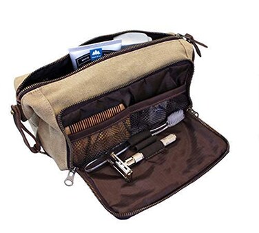 Mens Canvas Toiletry Bags for Women Travel Toiletry Bag Dopp Kit with Genuine Leather Trim and YKK Zipper