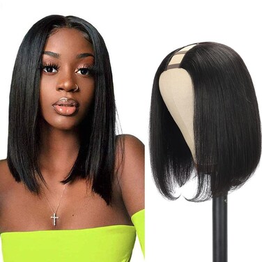 U Part Human Hair Wig Straight Bob Wig Human Hair For Black Women 10inch Brazilian Remy Hair Short Bob Wigs Clip in U Part Wig Hair Extensions Natural Black Color