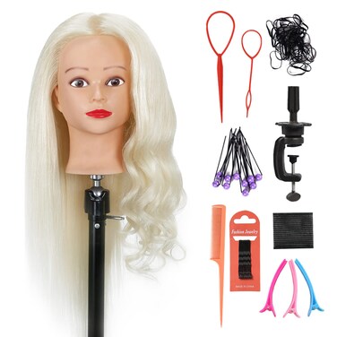 SOPHIRE 26"-28" Mannequin Head with 60% Real Hair, Hairdresser Practice Training Head Cosmetology Long Hair Manikin Doll Head with 9 Tools and Clamp - #613, Makeup On Off-white