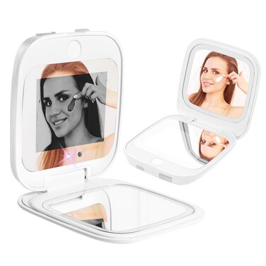 Travel Compact Mirror with UV Camera for Sunscreen Test,1x/2x Magnifying Mirror with LED Lights,Handheld 2-Sided Brightness Dimmable,Portable Makeup Mirror for Handbag Pocket,White