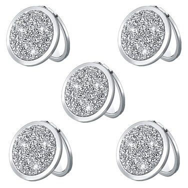 5 Pack Silver Compact Mirror Bulk,Mix Diamond 2 x 1x Magnification Pocket Mirror,Folding Small Mirror for Purse,Portable Travel Makeup Mini Mirror for Gift