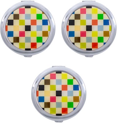 Stephanie Imports Set of 3 Double Sided Magnifying Round Compact Mirrors with Printed Insert (Colorful Checkered Pattern)