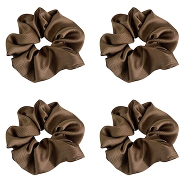 4 Pack Soft Satin Sleep Hair Scrunchies Bright Silk Texture Ponytails Holder Curls Hair Scrunchy Elastic Hair Bands Ties Hair Accessories Wrist Band for Women Girls Curly Hair Bun (Brown)