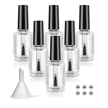 Empty Nail Polish Bottles with Brush Cap, 15ml Empty Glass Refillable Nail Polish Bottles with Mixing Agitator Balls &amp; Funnels, Pack of 6