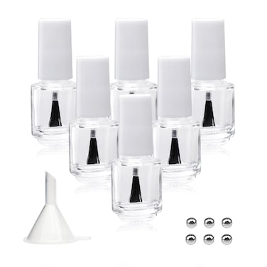 6PCS Empty Nail Polish Bottles with Brush White Cap, 5ML Empty Clear Glass Refillable Nail Fingernail Polish Bottles Circle with mixing beads &amp; Funnels, 0.17 OZ