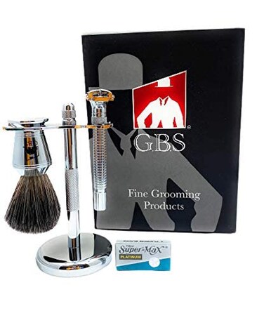 G.B.S Premium Men&rsquo;s Shaving Grooming Set, Adjustable Butterfly Open Double Edge Safety Razor, Pure Badger Shaving Brush, Chrome Brush and Razor Stand