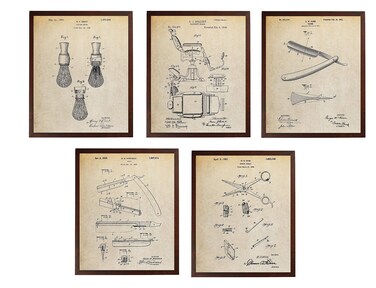 Barber Chair Razor Shears Shaving Brush Patent Barber Shop Decor Bathroom Wall Art Shaving Brush Poster TDP1020