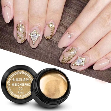 Nail Painted Gel, Nail Painted Gel Metallic Nail Art Varnish Lacquer, 3D Metallic Painted Nail Gel Polish,Golden Silver Drawing Nail Gel Glossy, DIY Nail Art Manicure