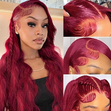 Sheeep 99j Burgundy Lace Front Wigs Human Hair Pre Plucked with Baby Hair 200% Density 13X4 Red Body Wave Human Hair Wigs for Women Natural Hair Wig 26 Inch