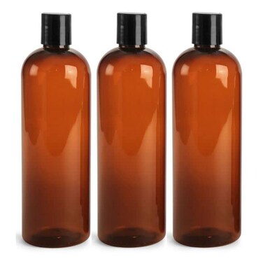 MountainLeaf 3 Pack 16 oz Plastic Empty Bottles with Black Press Disc Caps for Shampoo, Lotion, Hand Sanitizer, Dish Soap Etc., Refillable, BPA Free, Made in U.S.A (Amber bottle)