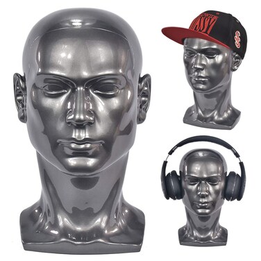 Si Fi PVC Male Mannequin Head Metallic Grey Male Manikin Stand Model Display Hat Scarf Wigs Hair Glasses Hat Beauty Styling Tool with Mount Hole (Bright Grey)