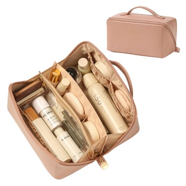 Travel Makeup Bag Organizer Countertop Case Toiletry Bag Cosmetic Bag for Women Vanity Storage Bathroom Counter Skincare Organizers Pouch with Divider and Handle Travel Essentials Gift for Girl