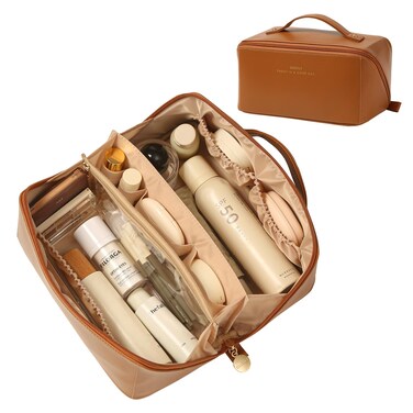 Travel Makeup Bag Organizer Countertop Case Toiletry Bag Cosmetic Bag for Women Vanity Storage Bathroom Counter Skincare Organizers Pouch with Divider and Handle Travel Essentials Gift for Girl