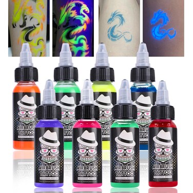 OPHIR 8 Colors Neon Airbrush Temporary Tattoo Ink, UV Air Brush Glow Body Paint Set for Adults Body Face Makeup Beauty Skin Art Airbrush Tattoo Supplies Kit, 1.06oz/Bottle