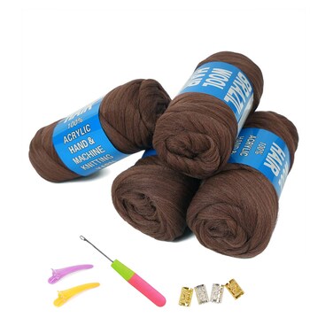 100% Brazilian Wool Hair Acrylic Yarn for African Braids/Senegalese Twist/Faux Locs/Wraps and Crochet Hook(4 Roll, Red Brown)