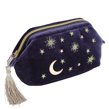 Handy cosmetic makeup bag,Navy Velvet Embroidered Applique Moon Stars Cosmetic Bag,Starry Makeup Pouch with Tassels &amp; Pearl Zipper,Beautician Storage Bag