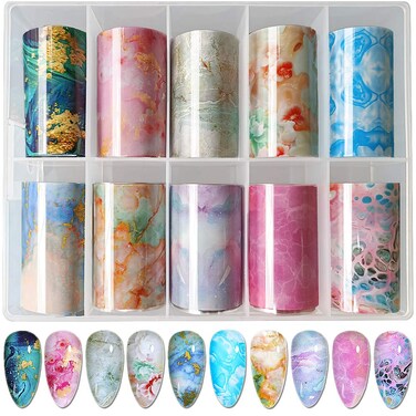 Nail Foil Transfer Sticker, 10 Sheets Marble Nail Art Stickers Nail Foil Adhesive Decals Nail Transfer Stickers Nail Art DIY Decoration Kit (4x100cm)