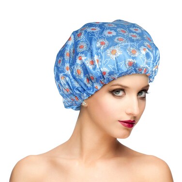 Reusable Shower Cap, Hair Cap, Oversized Waterproof Shower Caps Large Designed for all Hair Lengths with PEVA Lining &amp; Elastic Band Stretch Shower Hat - Blue Flower Shower Caps for Women