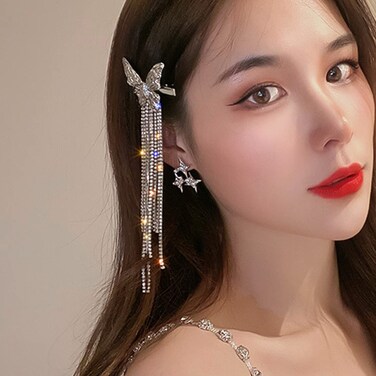 Butterfly Rhinestone Tassel Clips Rhinestone Hair Clips Butterfly Tassel Hair Accessories for Women and Girls, silver