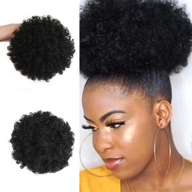 Afro Puff kinky curly Drawstring Ponytail Extension for Women Afro Drawstring Ponytail Kinky Curly Puffs Synthetic Curly Ponytail Hairpieces Updo Hair Extensions with Two Clips (8 Inch, 1B#)