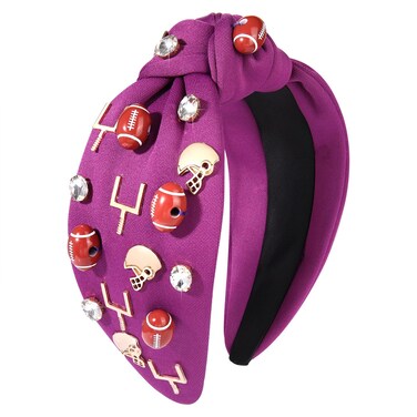Football Fan Headband: Rhinestone Crystal Jeweled Football Charm Top Knot Hairband - Black, White, Red, Purple, Blue - Gameday Sports Wide Twist Headpiece Accessory - 1 Count