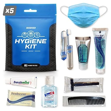 Ultimate Travel Toiletry Kit &amp; PPE Kit, Hygiene Kit with Shaving Supplies &amp; PPE for Travel, Business &amp; Charity with Reusable Toothbrush, Bath Soap &amp; Other Essential Toiletries, 5-Pack