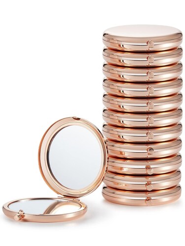 Compact Mirror Bulk, Pack of 12 Double-Sided 1X/2X Magnifying Metal Makeup Mirrors(Round, Rose Gold)