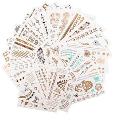 Metallic Temporary Tattoos- Six Sheets of Gold and Silver Long Lasting Flash Fashion Designs (Series 5) by Salon Designs