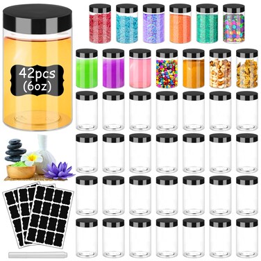 Plastic Jars with Lids 6OZ 42PCS,Small Cosmetic Slime Containers Clear Travel Round Jars Empty Refillable Sample Containers Leak Proof Pot with Black Lids for Lotion, Cream, Body Scrub