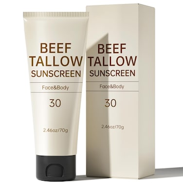 Tallow Sunscreen, Beef Tallow for Skin, Organic Beef Tallow Sunscreen, SPF 30 Natural Unscented Beef Tallow Sunscreen Water Resistant Non Greasy Anti White Cast suitable for All Skin Outdoor,2.46 OZ