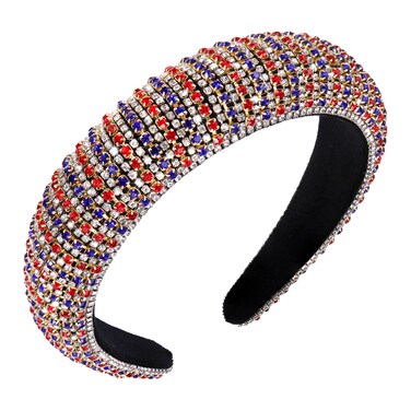 4th of July Padded Rhinestone Headband Wide Bejewelled Hairband American Flag Patriotic Headband Hair Accessories for Women (USA FLAG Headband)