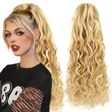 Loose Curly Drawstring Ponytail Extensions - human hair feelings for Black Women real natural hair fake weave ponytails Clip in Ponytail Extensions 26 inch(Ash Blonde Mix Bleach Blonde