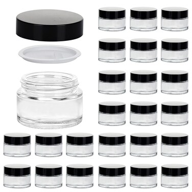 1oz Glass Jar with Lid, Hoa Kinh 25Pack Clear Round Containers Cosmetic Glass Jars with Inner Liners and Black Lids Travel Jars for Storing Lip and Body Scrub, Lotion, Body Butter, Bath Salts, Liquid