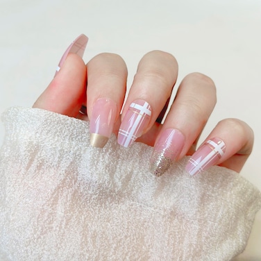 Press on nails Short Length,Gold Edge Grid Stripes,Glitter Pink Nude French Ballerina Ballerina,Acrylic Flase Nails
