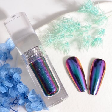 Chrome Nail Powder Holographic Mirror Effect Glitter Iridescent Gel Nail Polish for Nail Art Manicure DIY Decoration Glitter (Blue Holographic)