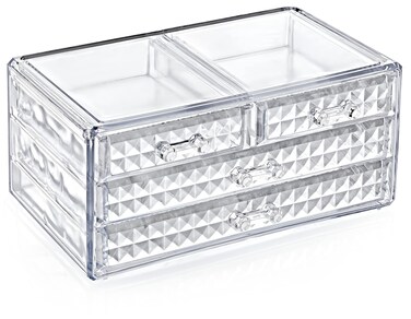 Clear Acrylic Cosmetic Makeup Organizer, Large Capacity Diamond Pattern Easily Organize Your Cosmetics, Brushes, Jewelry and More with 4 Large Drawers Space, Transparent Design for Easy Visibility