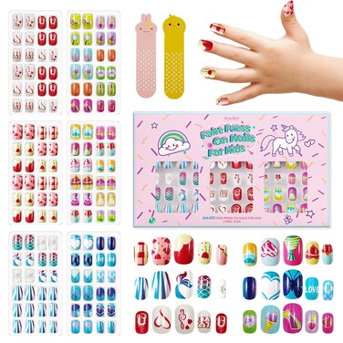 144Pcs 6 Pack Press on Nails for Kids Children Acrylic Fake Nails Pre-glue Full Cover Glitter Gradient Color Heart Shaped Fruit Short False Nail Art Kits Sets Valentines Day Gifts for Kids Girls