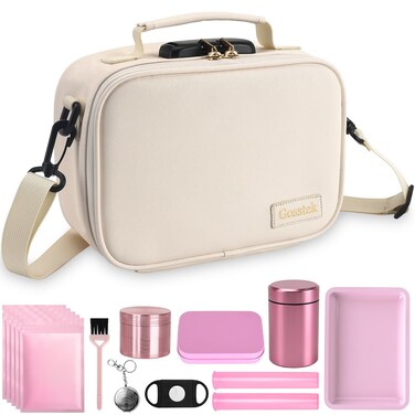 PU Leather Storage Bag with 10 PCS Accessories, Portable Cosmetic Box Case with Lock and Great Gift for Women, Childproof Organization Container Box 9 X 6 X 4 Inches (Beige)