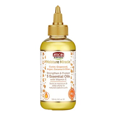 African Pride Moisture Miracle 5 Essential Oils - Contains Castor, Grapeseed, Argan, Coconut &amp; Olive Oil, Seals in Moisture &amp; Adds Shine to Hair, Vitamin E, 4 oz