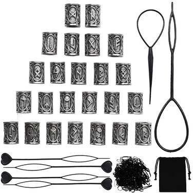 24 PCS Viking Hair Beads Beard Hair Beard Beads 6 PCS Pull Hair Pin Quick Beader 100 PCS Black Rubber Bands and a Bag