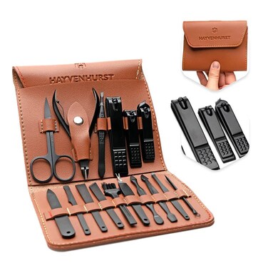Nail Kit - Nail Clipper Set - Manicure Set -16 Stainless Steel Pieces Manicure Kit For Men&rsquo;s - Pedicure Kit For Men - Mens Grooming Kit With Brown Leather portable Case by Hayvenhurst