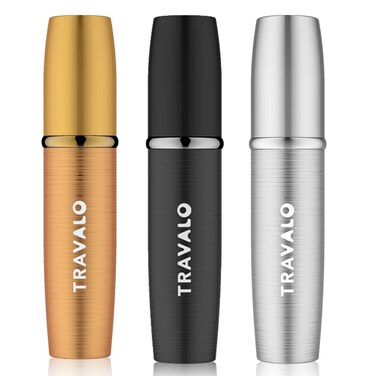 Travalo LUX Perfume Atomizer Bundle Travel Refill U-Change System TSA Approved   Reusable Easy Fill Mini Pump Sprayer Lightweight Portable   Brushed Polished Metal   Gold, Black, Silver 3 Pack 0.17oz